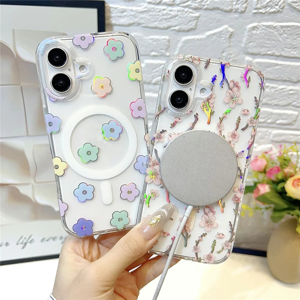 For iPhone 17 Magnetic Case Rhinestone Laser Floral PC + TPU Phone Cover Compatible with MagSafe - Style 1 - 3