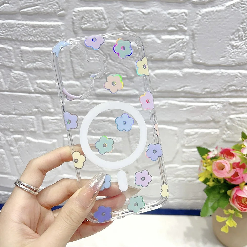 For iPhone 17 Magnetic Case Rhinestone Laser Floral PC + TPU Phone Cover Compatible with MagSafe - Style 1 - 4
