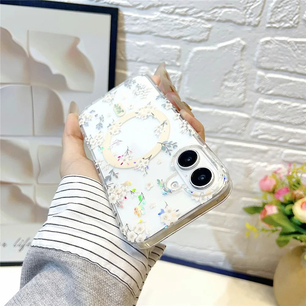 For iPhone 16 Magnetic Case Rhinestone Laser Floral PC + TPU Phone Cover Compatible with MagSafe - Style 1 - 5