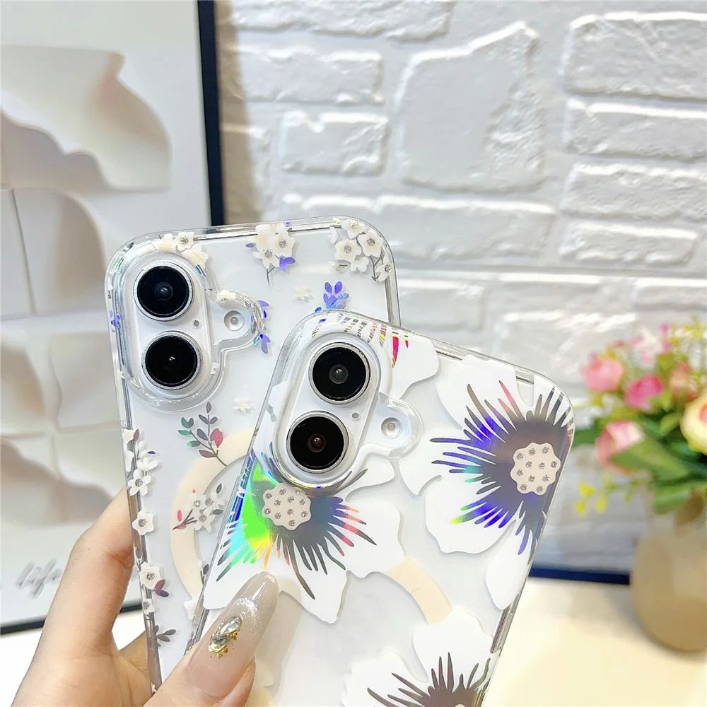 For iPhone 16 Magnetic Case Rhinestone Laser Floral PC + TPU Phone Cover Compatible with MagSafe - Style 1 - 6