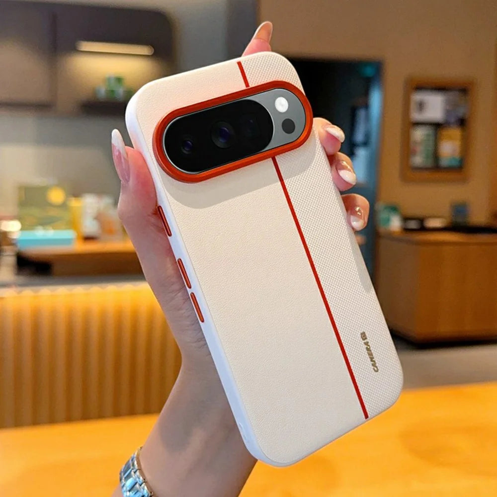 For Google Pixel 10 / 10 Pro Case Splicing PC + PU Leather Phone Back Cover with Metal Lens Ring / Buttons - White - 1