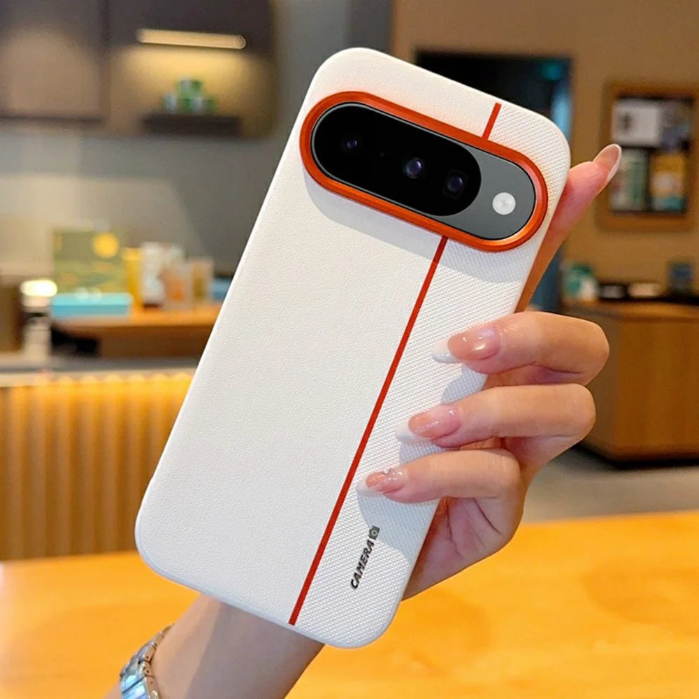 For Google Pixel 10 / 10 Pro Case Splicing PC + PU Leather Phone Back Cover with Metal Lens Ring / Buttons - White - 2