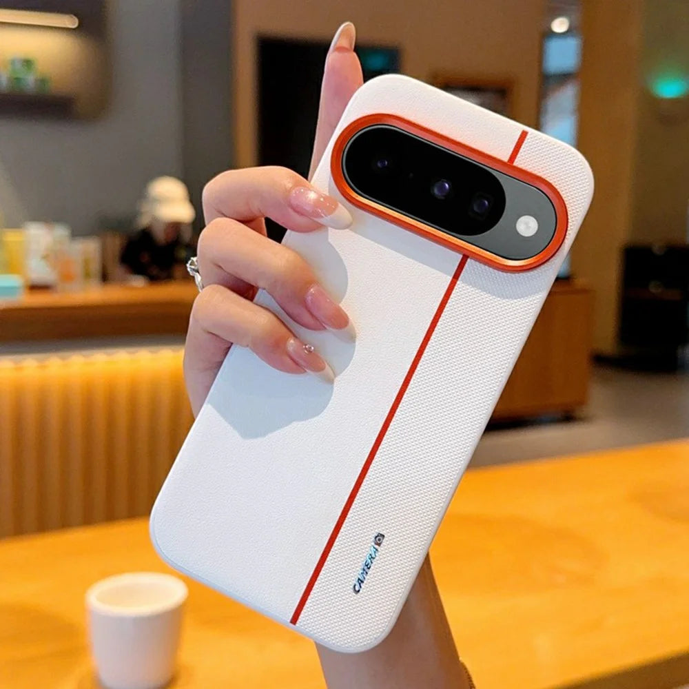 For Google Pixel 10 / 10 Pro Case Splicing PC + PU Leather Phone Back Cover with Metal Lens Ring / Buttons - White - 3