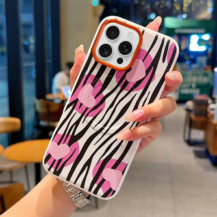 For iPhone 16 Pro Max Case Compatible with MagSafe Heart Zebra Pattern Leather Coated PC Phone Cover - 3