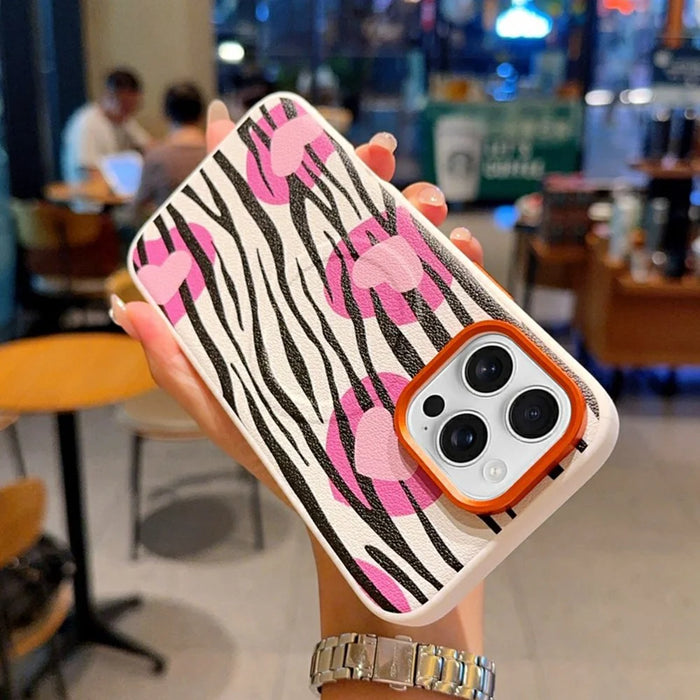 For iPhone 16 Pro Max Case Compatible with MagSafe Heart Zebra Pattern Leather Coated PC Phone Cover - 5