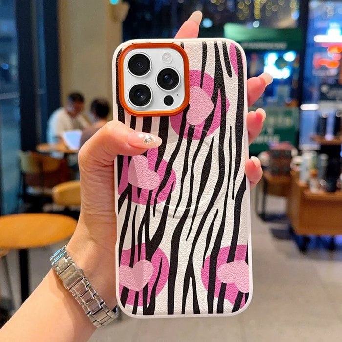 For iPhone 16 Pro Case Compatible with MagSafe Heart Zebra Pattern Leather Coated PC Phone Cover - 1