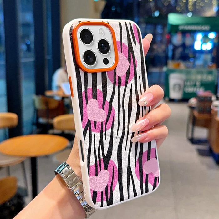 For iPhone 16 Pro Case Compatible with MagSafe Heart Zebra Pattern Leather Coated PC Phone Cover - 2