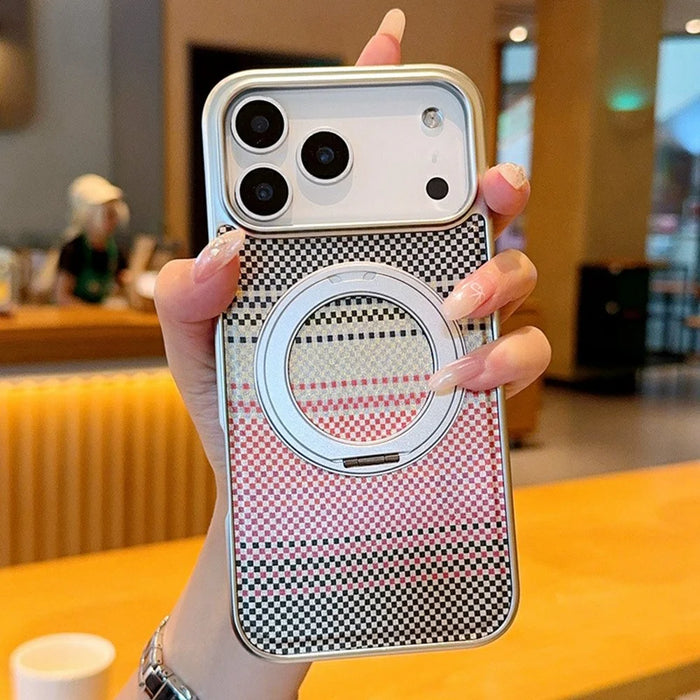 For iPhone 17 Pro Magnetic Case Kickstand Electroplated PC + PU Leather Phone Back Cover - Silver - 5