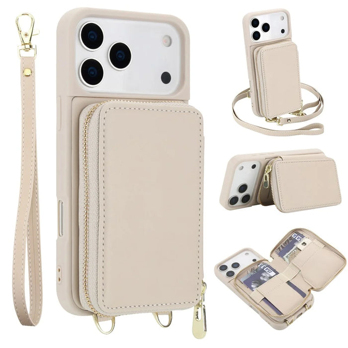For iPhone 17 Pro Max Case RFID Blocking Zipper Wallet Leather + TPU Phone Cover with Shoulder Strap - Apricot - 1