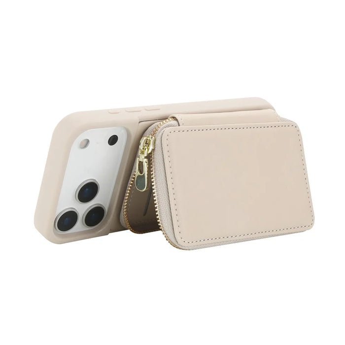 For iPhone 17 Pro Max Case RFID Blocking Zipper Wallet Leather + TPU Phone Cover with Shoulder Strap - Apricot - 3