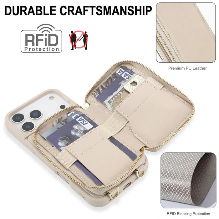 For iPhone 17 Pro Max Case RFID Blocking Zipper Wallet Leather + TPU Phone Cover with Shoulder Strap - Apricot - 4