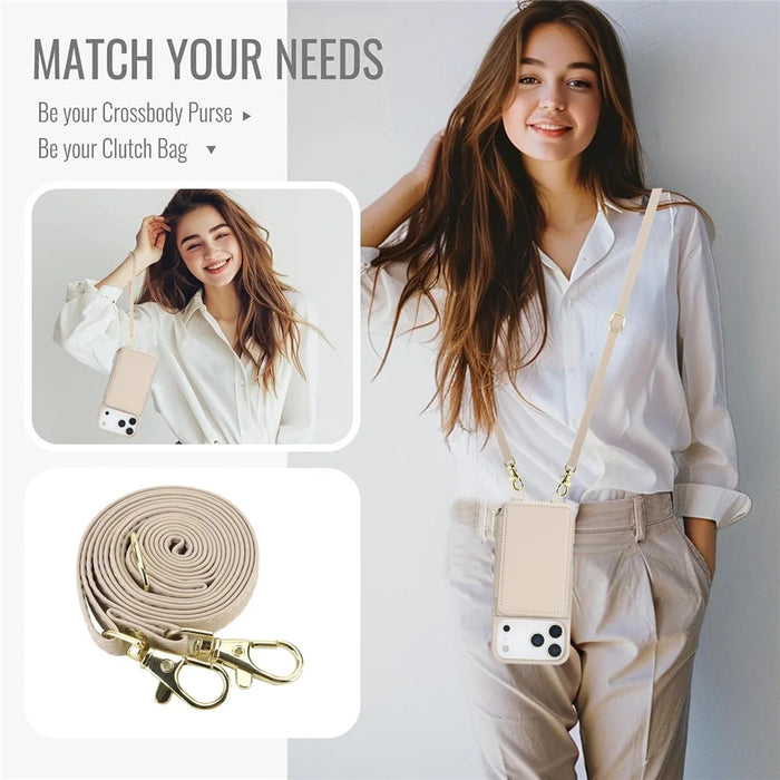 For iPhone 17 Pro Max Case RFID Blocking Zipper Wallet Leather + TPU Phone Cover with Shoulder Strap - Apricot - 5