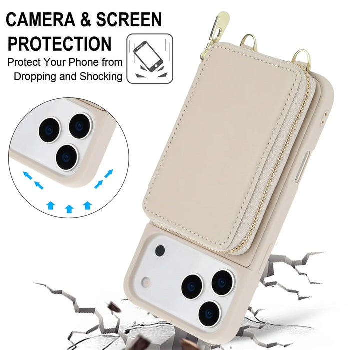 For iPhone 17 Pro Max Case RFID Blocking Zipper Wallet Leather + TPU Phone Cover with Shoulder Strap - Apricot - 6