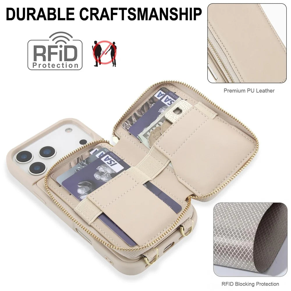 For iPhone 17 Pro Case RFID Blocking Zipper Wallet Leather + TPU Phone Cover with Shoulder Strap - Apricot - 4