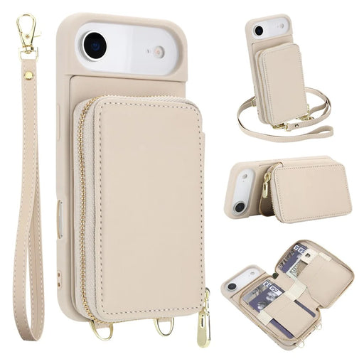 For iPhone Air Case RFID Blocking Zipper Wallet Leather + TPU Phone Cover with Shoulder Strap - Apricot - 1