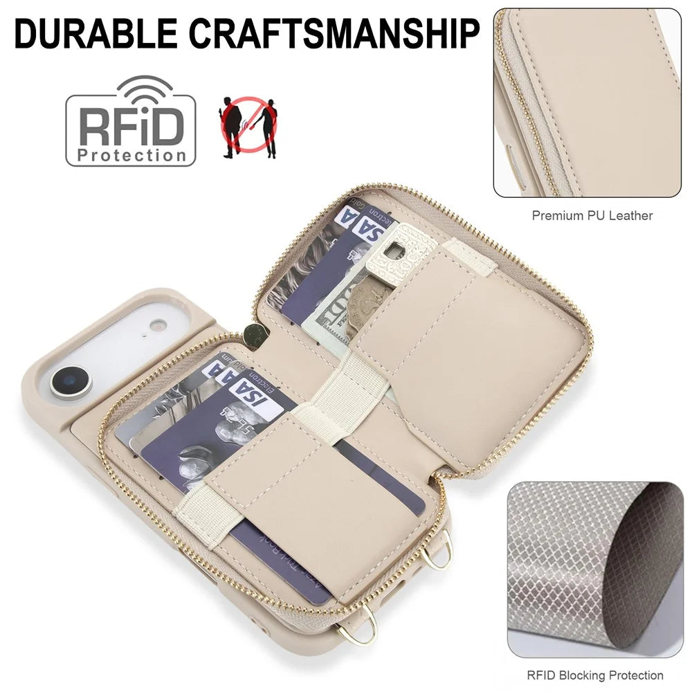 For iPhone Air Case RFID Blocking Zipper Wallet Leather + TPU Phone Cover with Shoulder Strap - Apricot - 4