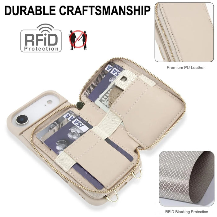 For iPhone Air Case RFID Blocking Zipper Wallet Leather + TPU Phone Cover with Shoulder Strap - Apricot - 4