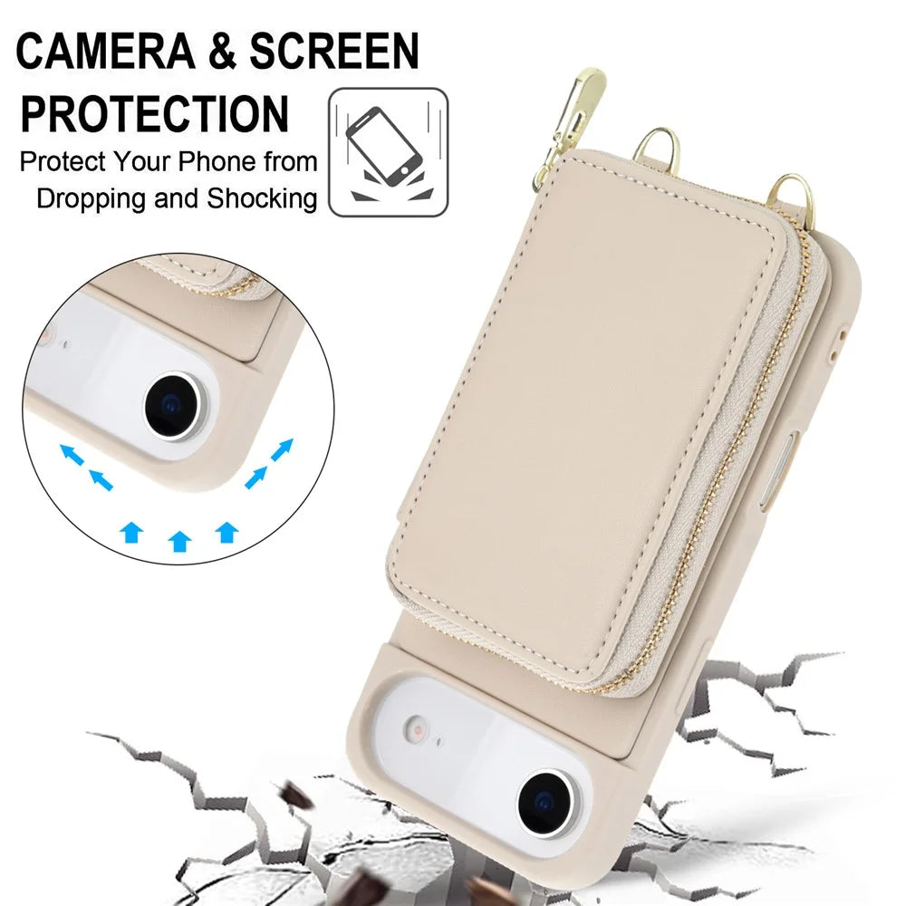 For iPhone Air Case RFID Blocking Zipper Wallet Leather + TPU Phone Cover with Shoulder Strap - Apricot - 6