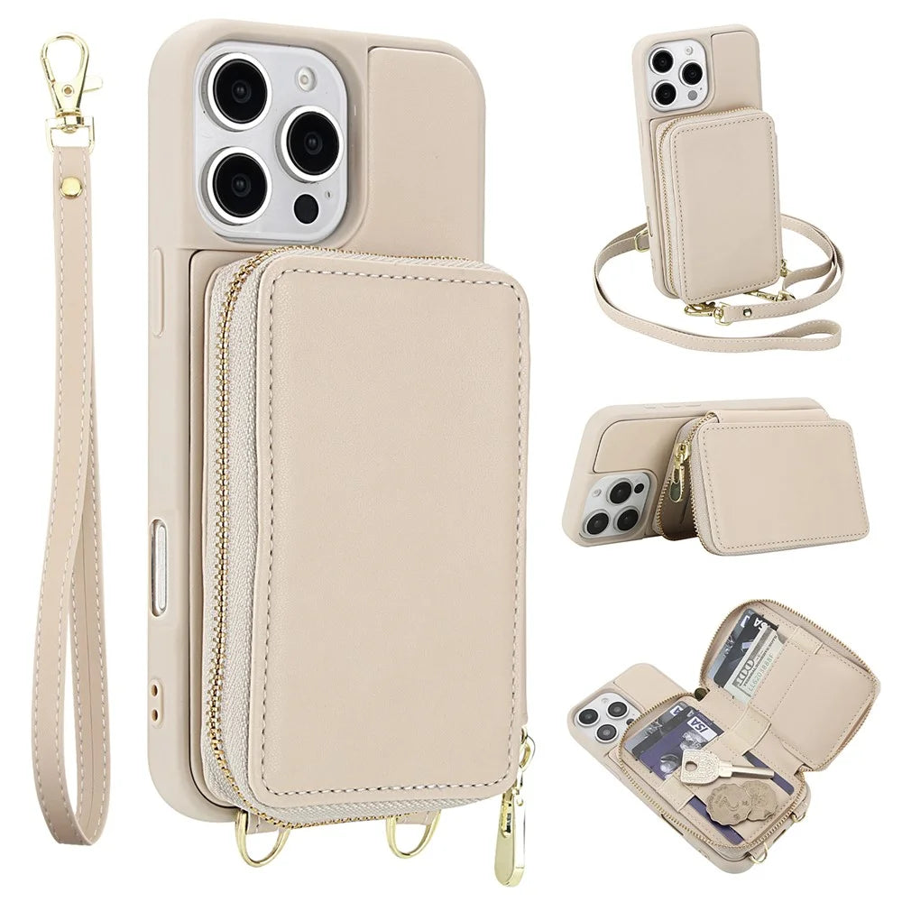For iPhone 16 Pro Case RFID Blocking Zipper Wallet Leather + TPU Phone Cover with Shoulder Strap - Apricot - 1