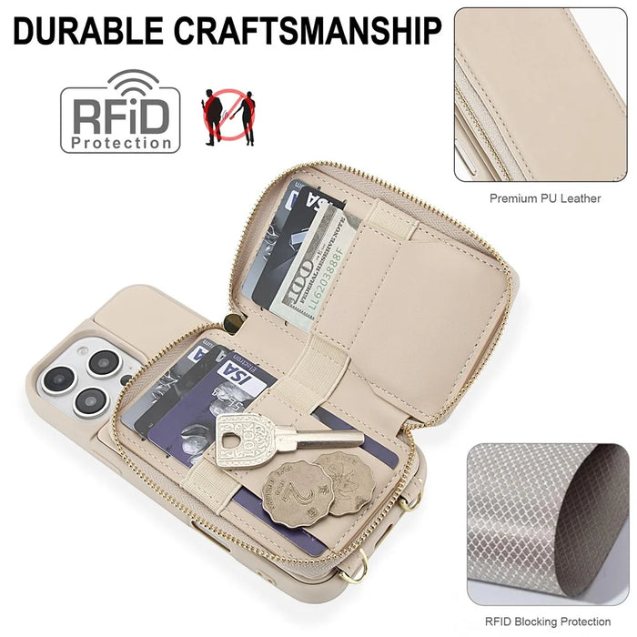 For iPhone 16 Pro Case RFID Blocking Zipper Wallet Leather + TPU Phone Cover with Shoulder Strap - Apricot - 4