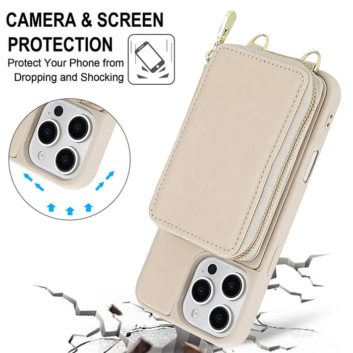 For iPhone 16 Pro Case RFID Blocking Zipper Wallet Leather + TPU Phone Cover with Shoulder Strap - Apricot - 6