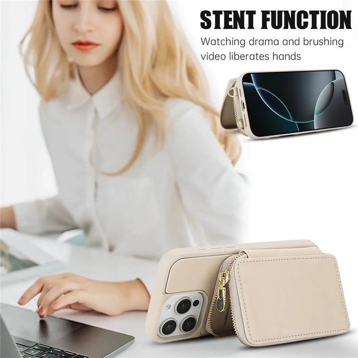For iPhone 16 Pro Case RFID Blocking Zipper Wallet Leather + TPU Phone Cover with Shoulder Strap - Apricot - 7