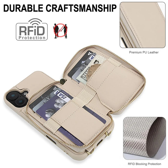 For iPhone 16 Case RFID Blocking Zipper Wallet Leather + TPU Phone Cover with Shoulder Strap - Apricot - 4