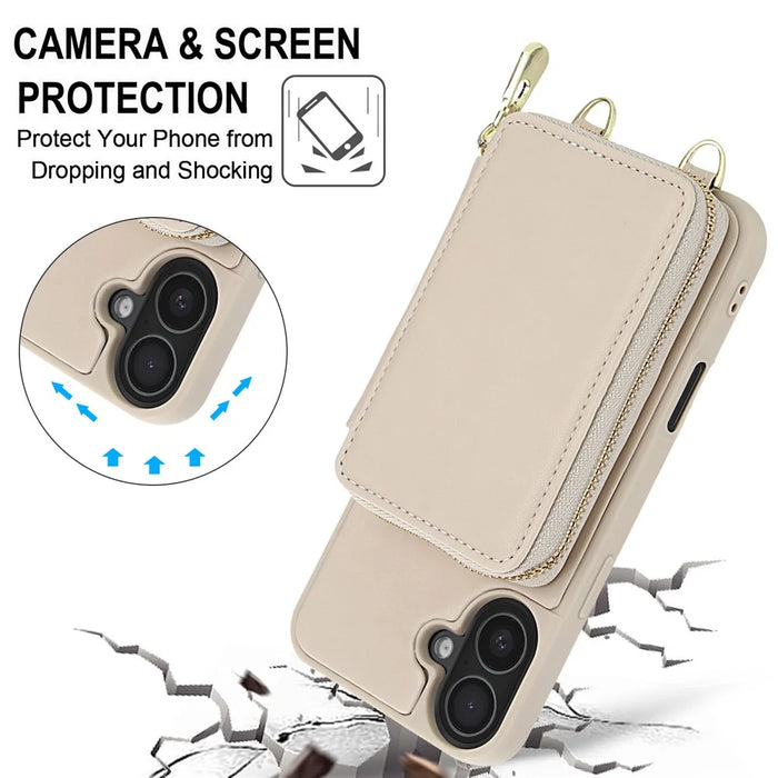 For iPhone 16 Plus Case RFID Blocking Zipper Wallet Leather + TPU Phone Cover with Shoulder Strap - Apricot - 6
