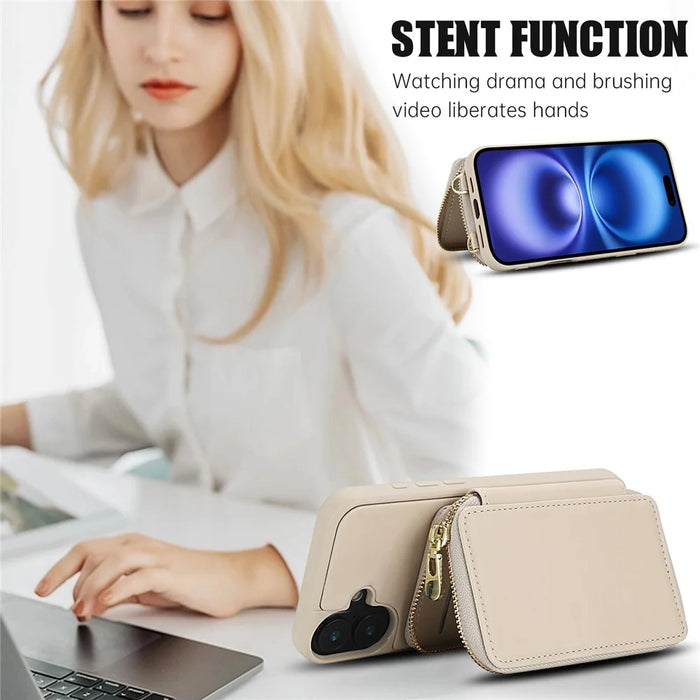 For iPhone 16 Plus Case RFID Blocking Zipper Wallet Leather + TPU Phone Cover with Shoulder Strap - Apricot - 7