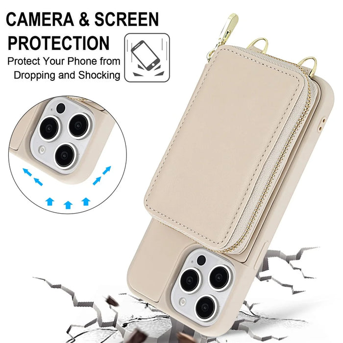 For iPhone 15 Pro Max Case RFID Blocking Zipper Wallet Leather + TPU Phone Cover with Shoulder Strap - Apricot - 6