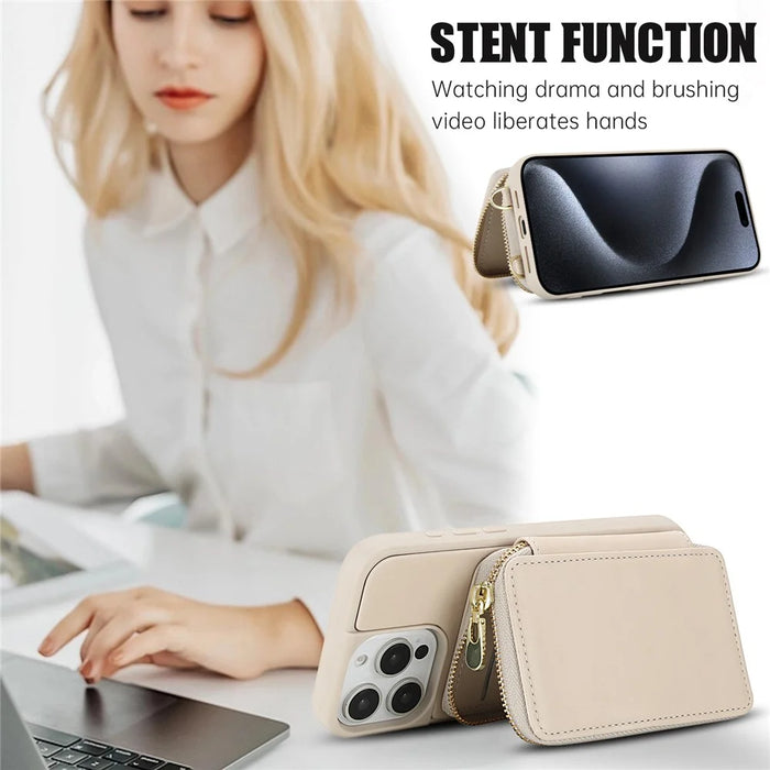 For iPhone 15 Pro Max Case RFID Blocking Zipper Wallet Leather + TPU Phone Cover with Shoulder Strap - Apricot - 7