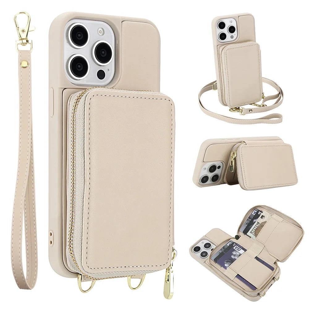 For iPhone 15 Pro Case RFID Blocking Zipper Wallet Leather + TPU Phone Cover with Shoulder Strap - Apricot - 1
