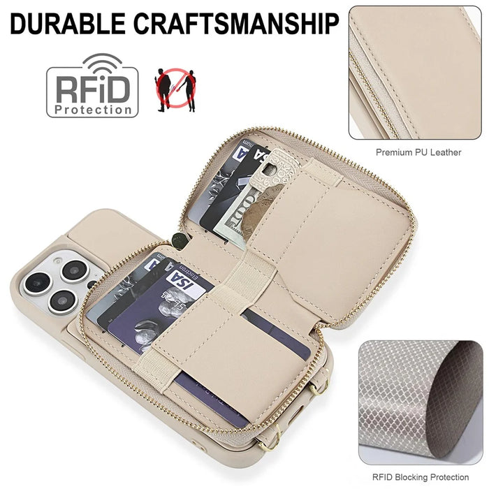 For iPhone 15 Pro Case RFID Blocking Zipper Wallet Leather + TPU Phone Cover with Shoulder Strap - Apricot - 4