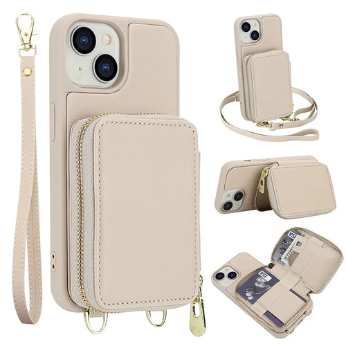 For iPhone 15 Case RFID Blocking Zipper Wallet Leather + TPU Phone Cover with Shoulder Strap - Apricot - 1