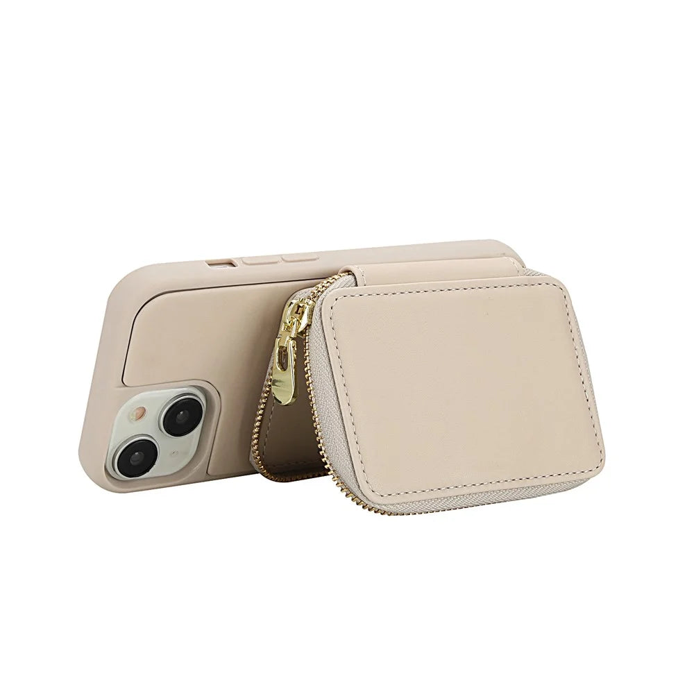 For iPhone 15 Case RFID Blocking Zipper Wallet Leather + TPU Phone Cover with Shoulder Strap - Apricot - 3