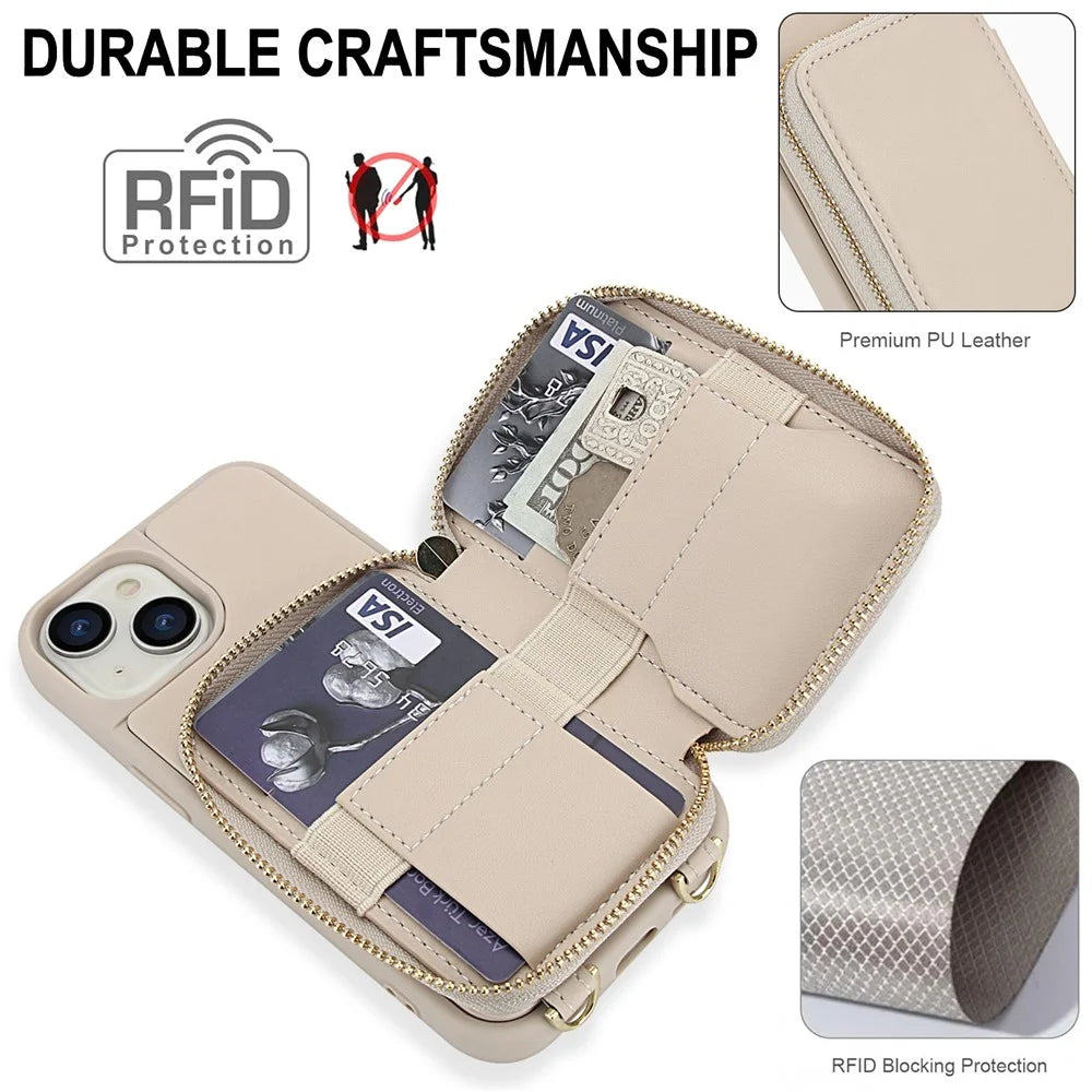 For iPhone 15 Case RFID Blocking Zipper Wallet Leather + TPU Phone Cover with Shoulder Strap - Apricot - 4