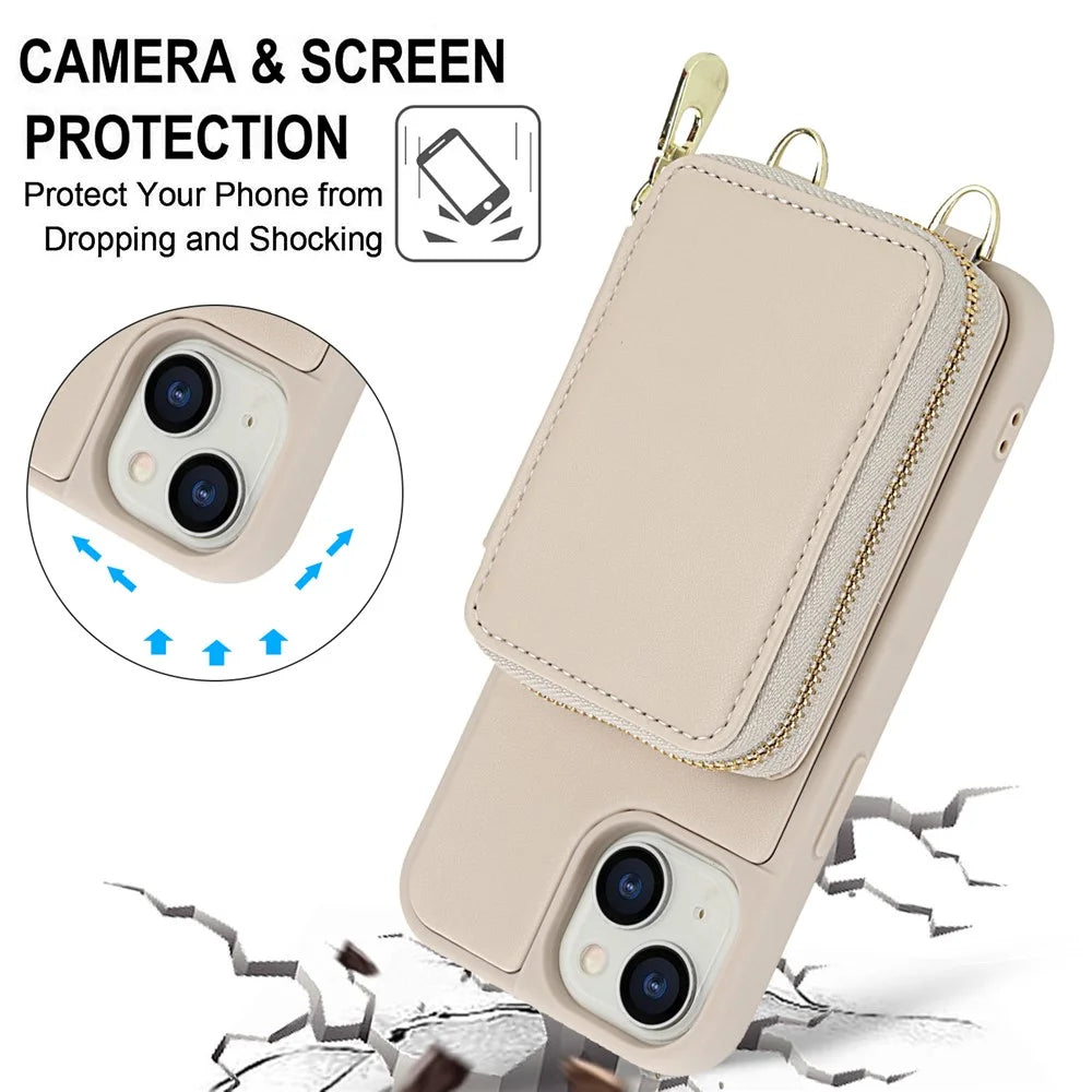 For iPhone 15 Case RFID Blocking Zipper Wallet Leather + TPU Phone Cover with Shoulder Strap - Apricot - 6