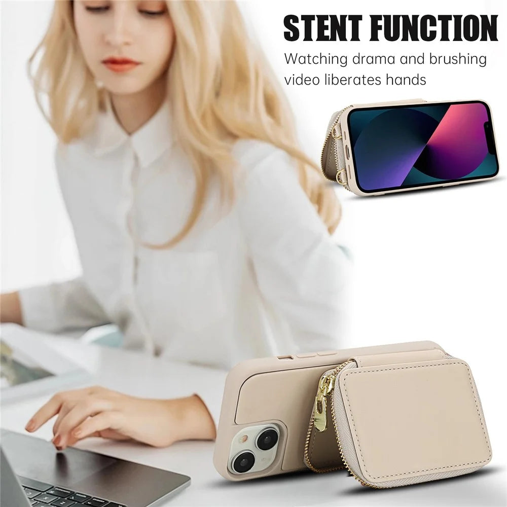 For iPhone 15 Case RFID Blocking Zipper Wallet Leather + TPU Phone Cover with Shoulder Strap - Apricot - 7