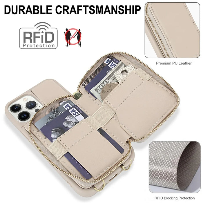 For iPhone 13 Pro Max Case RFID Blocking Zipper Wallet Leather + TPU Phone Cover with Shoulder Strap - Apricot - 4