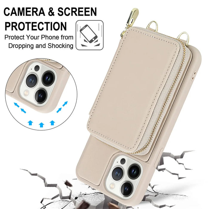 For iPhone 13 Pro Max Case RFID Blocking Zipper Wallet Leather + TPU Phone Cover with Shoulder Strap - Apricot - 6