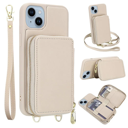 For iPhone 14 / 13 Case RFID Blocking Zipper Wallet Leather + TPU Phone Cover with Shoulder Strap - Apricot - 1