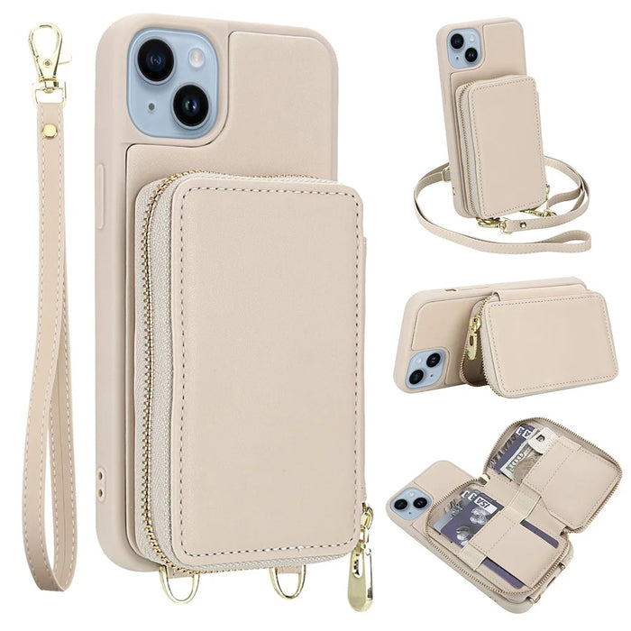 For iPhone 14 / 13 Case RFID Blocking Zipper Wallet Leather + TPU Phone Cover with Shoulder Strap - Apricot - 1
