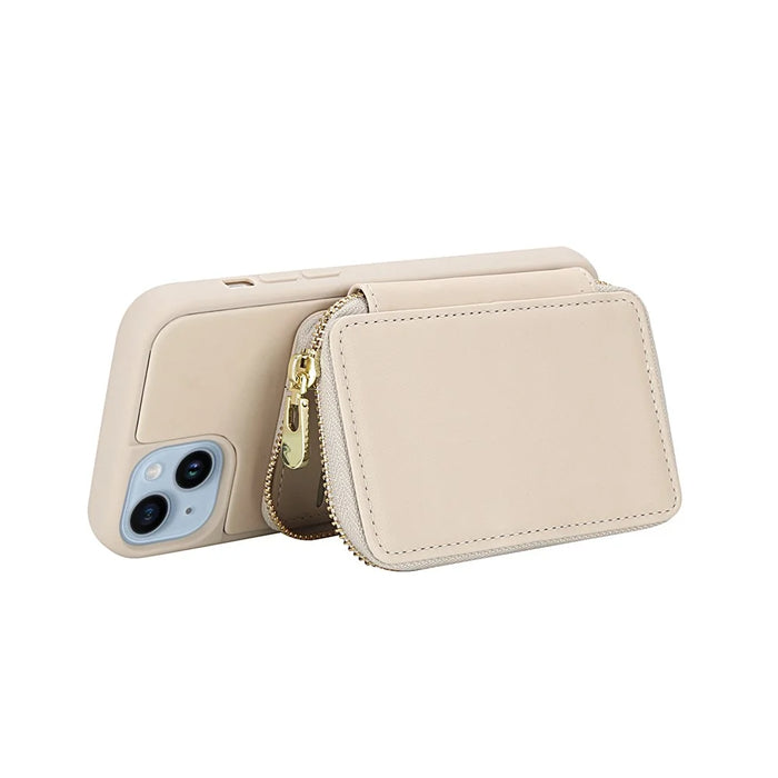 For iPhone 14 / 13 Case RFID Blocking Zipper Wallet Leather + TPU Phone Cover with Shoulder Strap - Apricot - 2