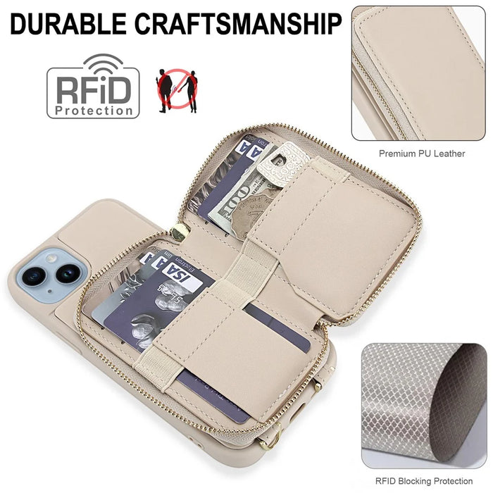 For iPhone 14 / 13 Case RFID Blocking Zipper Wallet Leather + TPU Phone Cover with Shoulder Strap - Apricot - 4