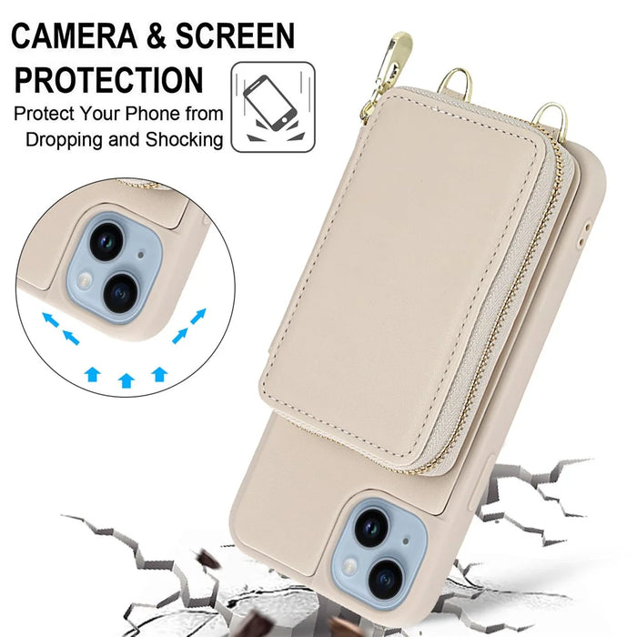 For iPhone 14 / 13 Case RFID Blocking Zipper Wallet Leather + TPU Phone Cover with Shoulder Strap - Apricot - 6