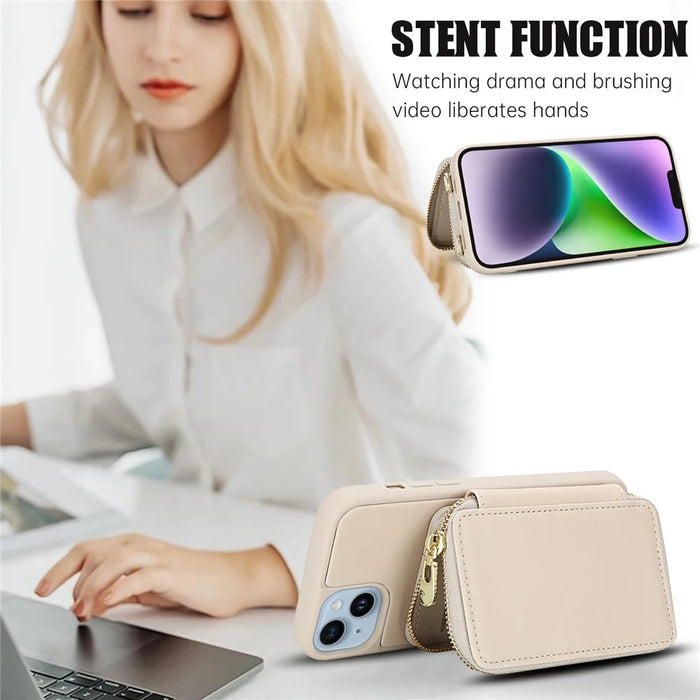 For iPhone 14 / 13 Case RFID Blocking Zipper Wallet Leather + TPU Phone Cover with Shoulder Strap - Apricot - 7