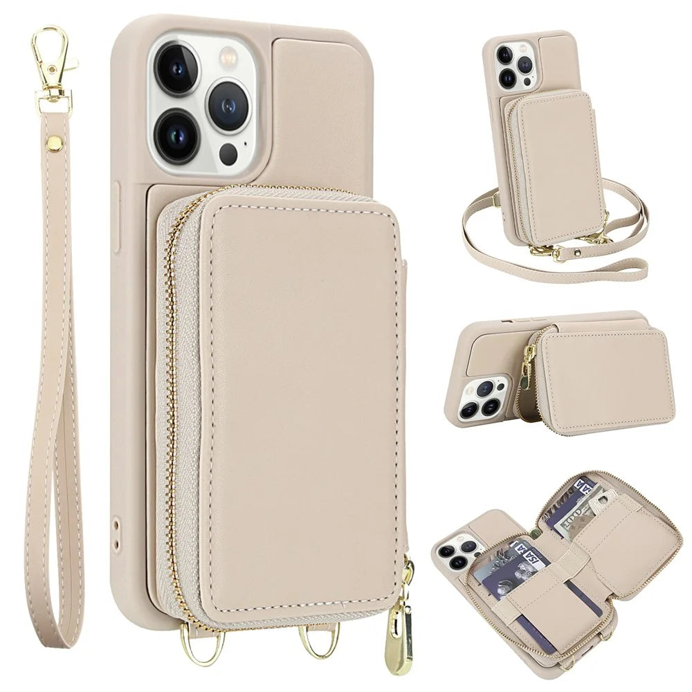 For iPhone 12 / 12 Pro Case RFID Blocking Zipper Wallet Leather + TPU Phone Cover with Shoulder Strap - Apricot - 1