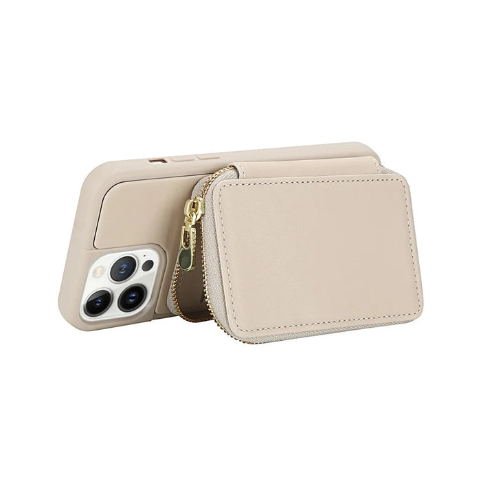 For iPhone 12 / 12 Pro Case RFID Blocking Zipper Wallet Leather + TPU Phone Cover with Shoulder Strap - Apricot - 2