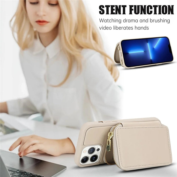 For iPhone 12 / 12 Pro Case RFID Blocking Zipper Wallet Leather + TPU Phone Cover with Shoulder Strap - Apricot - 7