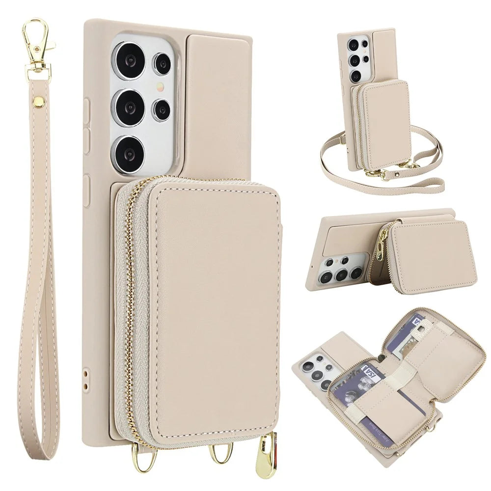 For Samsung Galaxy S23 Ultra Case RFID Blocking Zipper Wallet Leather + TPU Phone Cover with Shoulder Strap - Apricot - 1